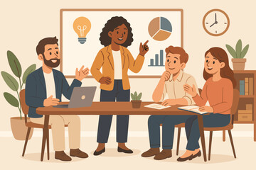 Poster - Diverse business team brainstorming, discussing ideas, planning projects in modern office meeting. Teamwork, collaboration, strategy, leadership, creative problem solving, vector illustration
