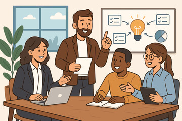 Poster - Diverse business team brainstorming, discussing project ideas, collaborating in modern office, teamwork meeting, creative strategy planning, group workflow, technology usage, vector illustration