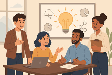 Poster - Diverse business team brainstorming innovative project ideas in office meeting, teamwork discussion, collaboration, creative planning, data analysis, leadership, modern workspace vector illustration