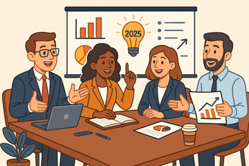 Poster - Business team meeting brainstorming session, financial strategy planning, annual goals, growth chart, analytics, teamwork collaboration, office concept, cartoon vector illustration 2025