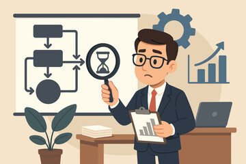 Poster - Businessman analyzing workflow process bottlenecks efficiency improvement. Vector illustration. Office setting with flowchart, magnifying glass, data analysis, productivity, time management concepts