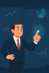 Poster - Businessman in suit interacting with futuristic digital interface, analyzing data charts, graphs, pie charts. Technology innovation concept, modern business analytics, vector illustration background