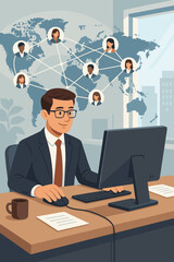 Poster - Businessman Using Computer Mouse at Modern Office Desk, Global Collaboration Network, International Teamwork, Remote Work, Digital Communication, Vector Illustration, Corporate Workspace