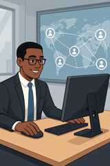 Poster - Businessman at Desk Using Computer Mouse for Global Networking and International Online Communication in Modern Office with Digital World Map Connections. Vector Cartoon Illustration