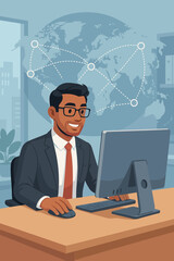 Poster - Business executive using computer for global networking, data exchange, internet communication, and international connections in modern corporate office. Technology, workplace, teamwork concept vector