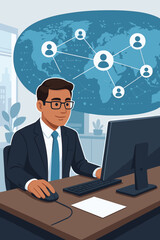 Poster - Businessman Using Computer Mouse for Global Communication and Networking in Modern Office, Corporate Data Exchange, Online Collaboration, Digital Technology, Worldwide Connection, Vector Illustration