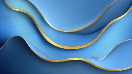 Poster - Curved layers of blue textures intertwine with thin gold lines, creating a visually striking abstract composition suitable for decor or digital use. The design evokes sophistication and calmness.