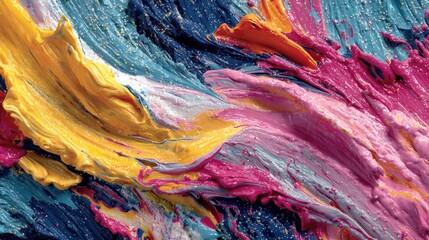 Poster - This artwork displays vivid colors including pink, blue, yellow, and orange, blending together in dynamic swirls and textured layers, highlighting the essence of artistic creativity.