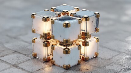 Poster - A striking light sculpture composed of glass cubes with golden accents sits on a textured surface, showcasing an interplay of light and shadows in a contemporary setting.