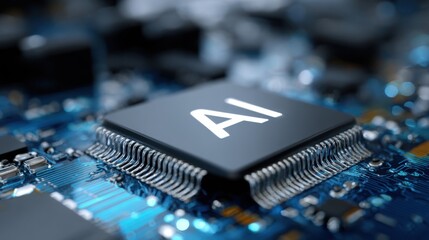Poster - Detailed view of a microchip labeled AI on a blue circuit board, showcasing advanced technology components in a modern laboratory environment, focusing on innovation.
