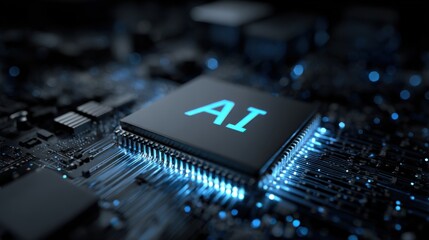 Fototapete - A close-up view of a microchip featuring the letters AI, glowing in blue light on a dark, intricate circuit board. This scene highlights advanced technology in computing.