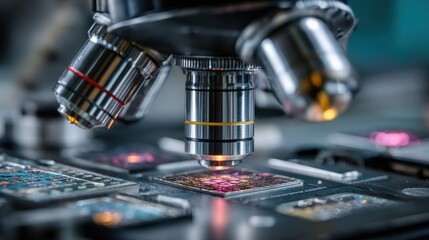 Poster - A microscope is focused on vibrant microscopic slides filled with intricate patterns and colors in a modern laboratory environment during daytime work hours.