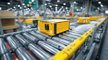 Poster - A sleek, automated conveyor system moves bright yellow boxes through a bustling warehouse filled with machinery and activity. Workers oversee operations throughout the facility.