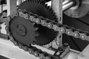 Aufkleber - Chain is attached to a gear and is being used to power a machine. chain is made of metal and is black in color