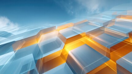 Fototapete - Geometric shapes in shades of blue and orange reflect light, creating a vibrant design against a clear daytime sky with subtle clouds, evoking a sense of modernity and depth.
