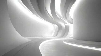 Poster - Curved walls create a seamless flow in this minimalist space, illuminated by soft lights that enhance the contemporary design. The blend of shapes provides a unique, airy atmosphere.