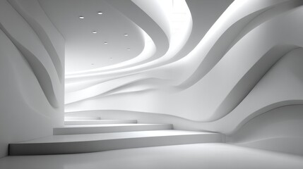 Poster - A modern interior with flowing white walls and gentle curves creates a serene atmosphere. The space is illuminated with soft lighting, enhancing its artistic design.