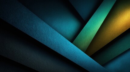 Poster - Layered sheets of colored paper in blue, green, and yellow create dynamic geometric patterns in a captivating display of color and texture, adding depth to any space.