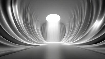 Poster - A spacious interior showcases flowing fabric elements in soft gray tones. A circular skylight at the top allows natural light to cascade down, creating a serene atmosphere.