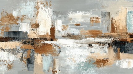 Poster - Colorful abstract composition with shades of beige, brown, and blue. The surface shows layered brush strokes, creating depth, ideal for contemporary interior decor.