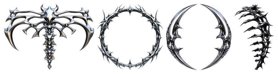 PNG Set of intricate, metallic, gothic-style tribal designs element set on transparent background.