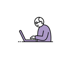 Poster - A senior individual sitting in front of a laptop, engaged in focused computer use.