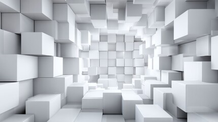 Poster - A unique arrangement of white cubes fills a three-dimensional space, creating a sense of depth and perspective. The geometric patterns enhance the visual interest in this modern environment.