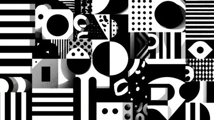 Poster - A collection of diverse geometric patterns and shapes in shades of black and white creates an engaging abstract composition. The design features bold circles, stripes, and dots.