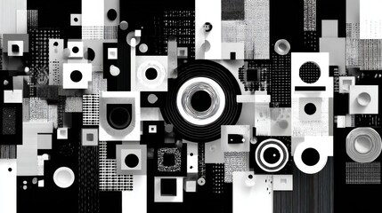 Poster - A visually striking composition of black and white geometric shapes, including circles and squares, arranged in a dynamic pattern.