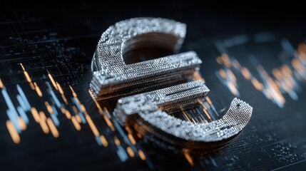 Poster - A detailed currency symbol constructed from metallic textures rests on a dark surface with illuminated digital financial graphs in the background, showcasing economic themes.