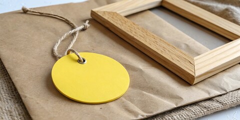 Poster - Yellow Round Tag Mockup on Kraft Paper with Wooden Square – Minimal Branding Scene.
