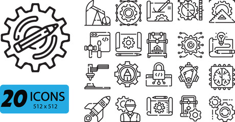 Set of 20 Engineering Icons, Outline Style, 512x512 Pixels