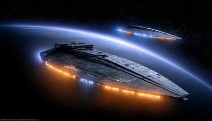spaceships orbiting planet at night