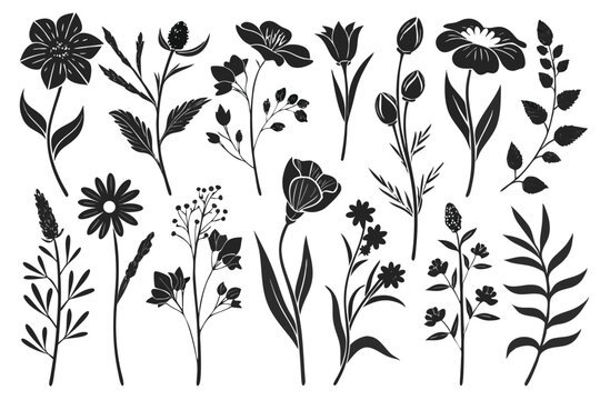 Set featuring Groovy daisy flowers as flat black icons. Each flower has a simple silhouette, crafted in a retro vintage style with hand-drawn decorative elements.