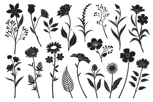 Set featuring Groovy daisy flowers as flat black icons. Each flower has a simple silhouette, crafted in a retro vintage style with hand-drawn decorative elements.