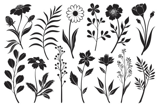 Set featuring Groovy daisy flowers as flat black icons. Each flower has a simple silhouette, crafted in a retro vintage style with hand-drawn decorative elements.
