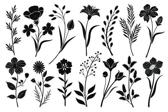 Set featuring Groovy daisy flowers as flat black icons. Each flower has a simple silhouette, crafted in a retro vintage style with hand-drawn decorative elements.