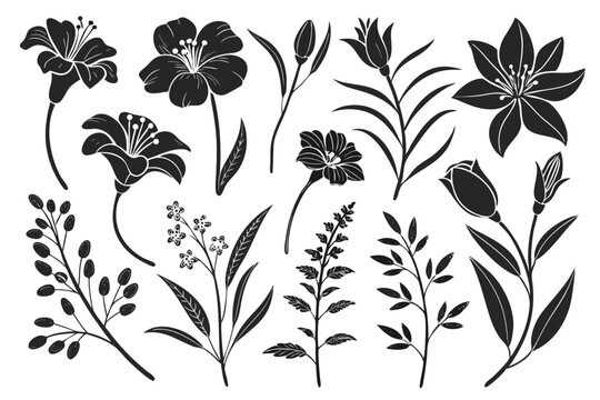 Set featuring Groovy daisy flowers as flat black icons. Each flower has a simple silhouette, crafted in a retro vintage style with hand-drawn decorative elements.
