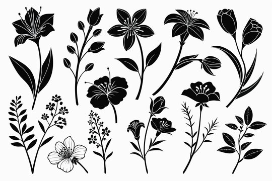 Set featuring Groovy daisy flowers as flat black icons. Each flower has a simple silhouette, crafted in a retro vintage style with hand-drawn decorative elements.