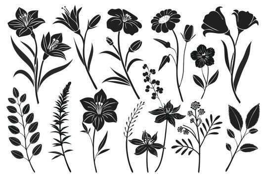 Set featuring Groovy daisy flowers as flat black icons. Each flower has a simple silhouette, crafted in a retro vintage style with hand-drawn decorative elements.
