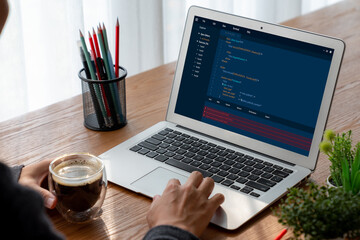 Poster - Software development programming on computer screen for modish application and program coding