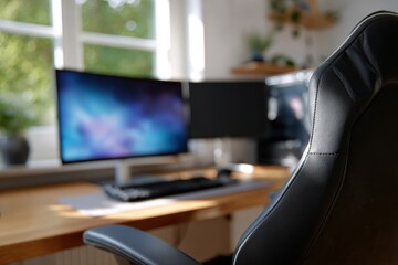 Wall Mural - comfortable home office setup with dual monitors, ergonomic chair, and natural light from window