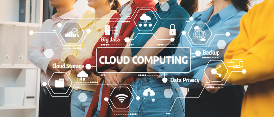 Poster - A diverse group of professionals gathered to discuss cloud computing technologies, highlighting its role in data privacy, storage, and innovative business solutions. Amity