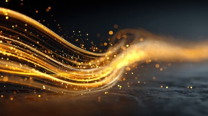 Poster - Bright golden strands of light weave gracefully against a dark background, creating a mesmerizing visual effect that captivates the viewer's attention.