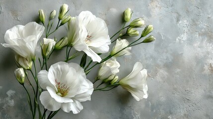 Poster - A collection of white blooms with soft petals and budding flowers is arranged against a textured gray surface, highlighting beauty and tranquility in nature's design.