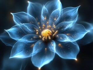 Glowing blue flower with golden center, ethereal, detailed petals. Use it for fantasy themes, science fiction or spiritual illustrations.