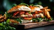 © svastix - A mouth-watering presentation of gourmet burgers stacked with fresh greens, tomatoes, and crispy bacon, highlighting the artistry of food and the joy of culinary delights.