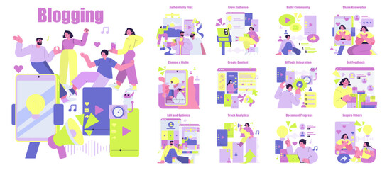 Naklejka na meble Blogging Journey Vector Illustration with People and Devices