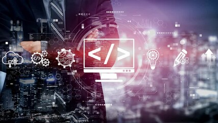 Fototapete - Modern web development concept featuring coding symbols, web development process, web development interface, and web development tools with futuristic design. Muxer