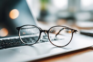 Aufkleber - Close-up view of eye glasses placed on a laptop computer for comfortable office working, enhancing visual acuity and productivity for daily tasks.